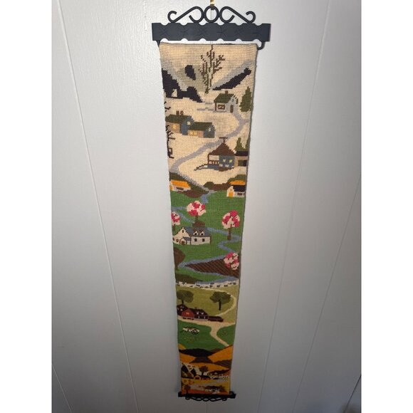 Vintage Needlepoint Tapestry Wall Hanging 4 Seasons Iron Hardware Handcrafted - Picture 5 of 8